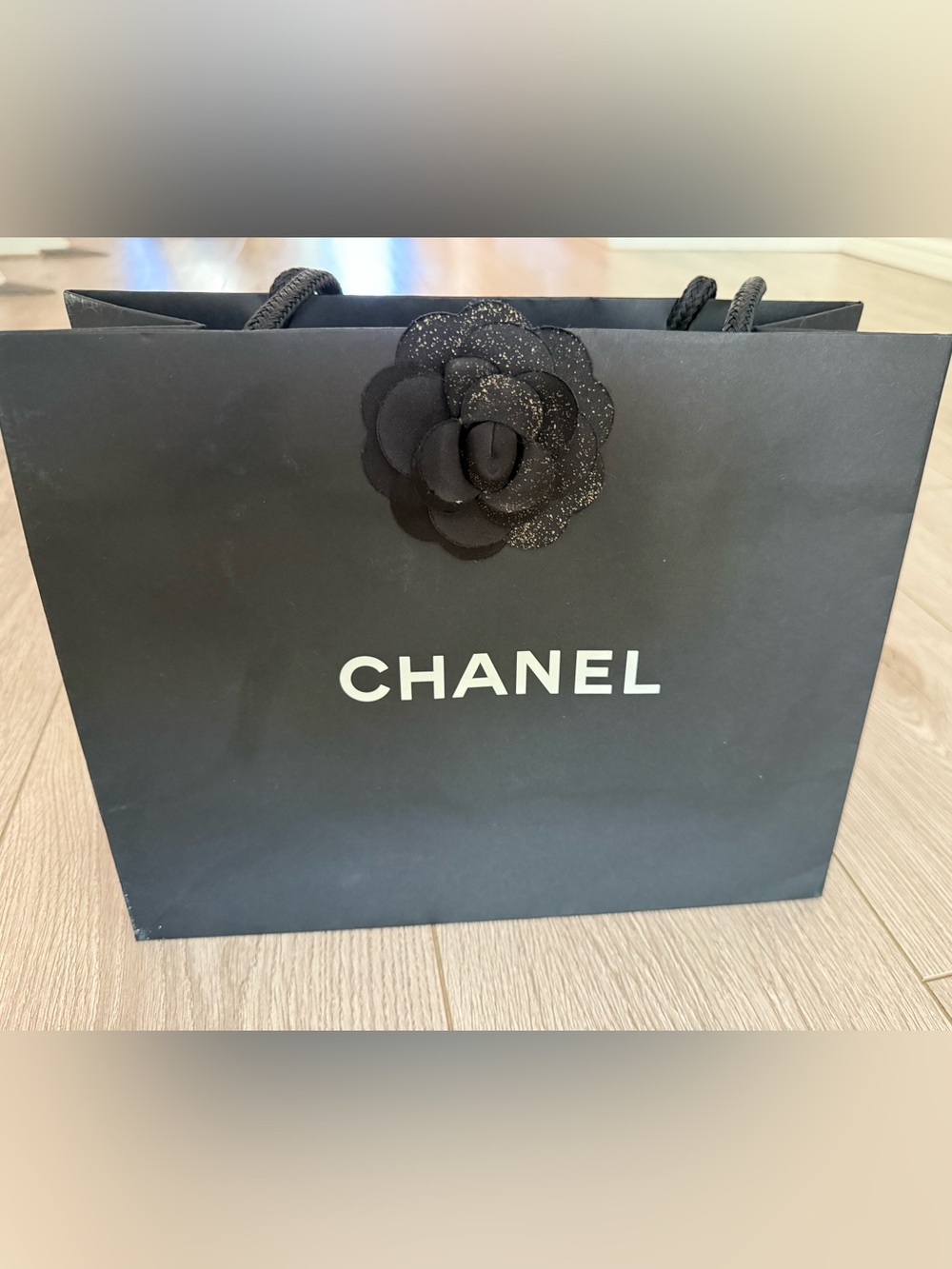 Black Shopping Tote with White Camellia and Ribbon ๐ - Picture 3 of 5